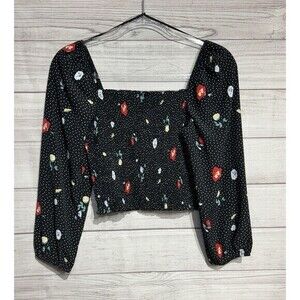 Cocktail Crop Top Floral Womens Size S Puffed Blue Polka Smocked Navy Prairie AF